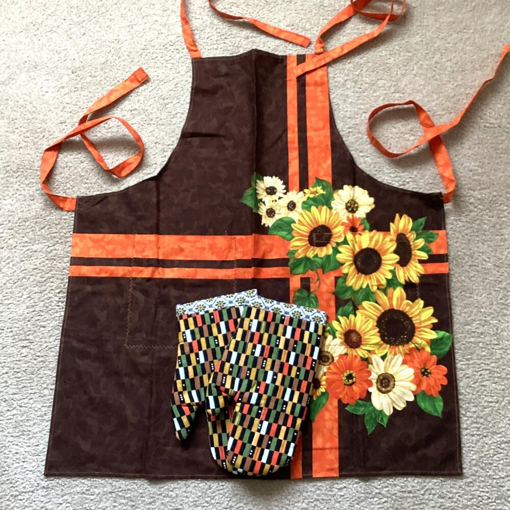 Handmade Apron + Matching Oven Mitts Size S Sunflowers Fall Colors Kitchen